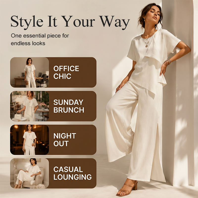 👚👖Women's Asymmetric Top & Slit Wide-Leg Pants Set– Elegant Statement Co-ord ✨