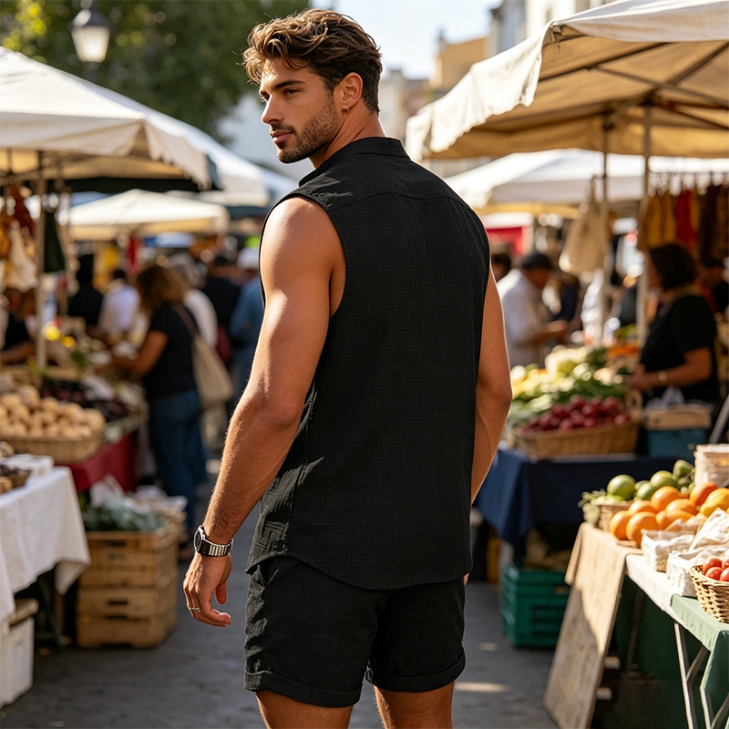 ☀️ Men’s Sleeveless Linen Blend Set — Breathable 2-Piece Beach & Casual Outfit with Shorts
