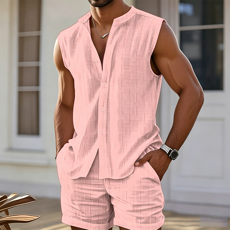 ☀️ Men’s Sleeveless Linen Blend Set — Breathable 2-Piece Beach & Casual Outfit with Shorts