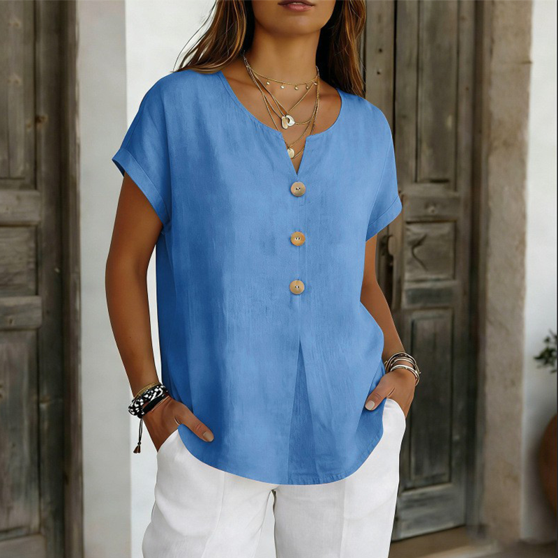 Women's V-Neck Button Casual T-Shirt