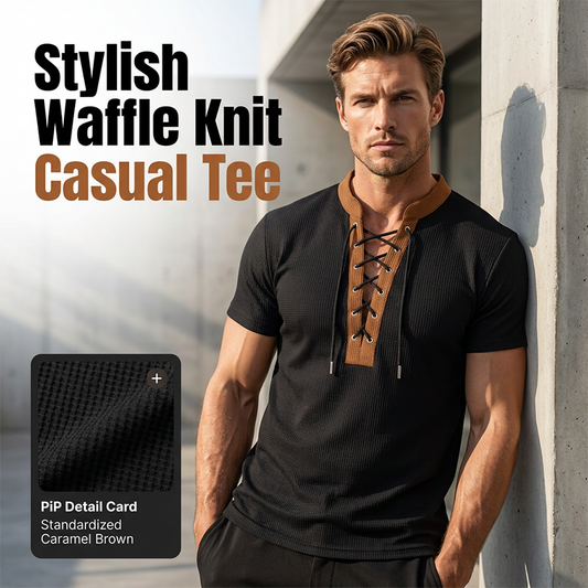 Men’s Waffle Knit T-Shirt Contrast Lace Up Casual Short Sleeve Tops