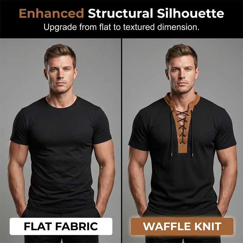 Men’s Waffle Knit T-Shirt Contrast Lace Up Casual Short Sleeve Tops