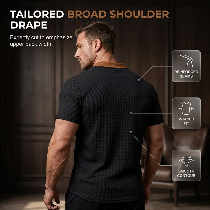 Men’s Waffle Knit T-Shirt Contrast Lace Up Casual Short Sleeve Tops