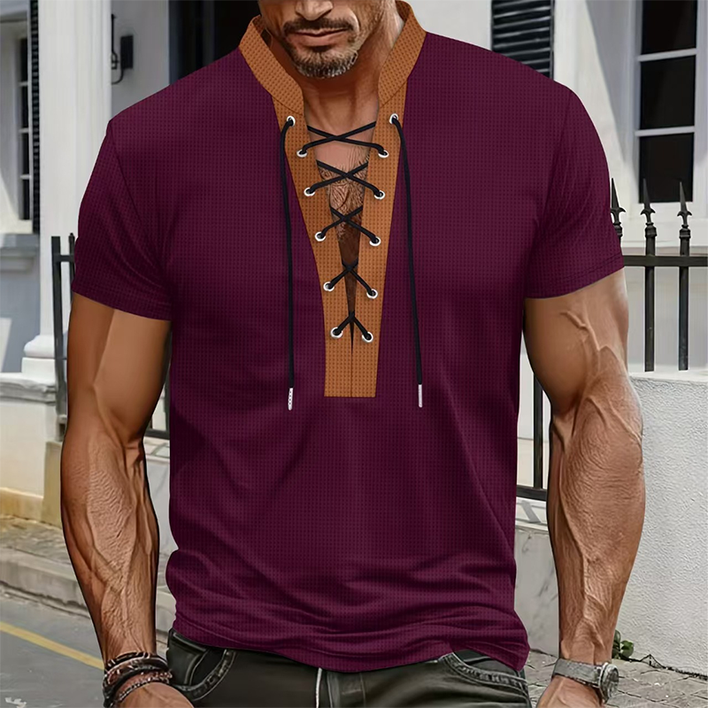 Men’s Waffle Knit T-Shirt Contrast Lace Up Casual Short Sleeve Tops