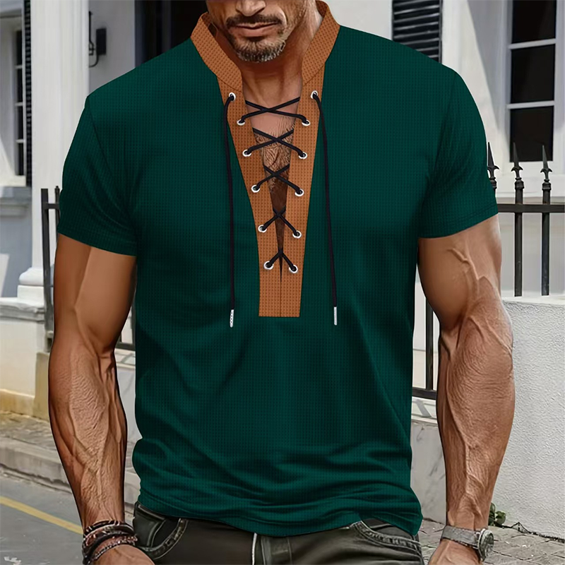 Men’s Waffle Knit T-Shirt Contrast Lace Up Casual Short Sleeve Tops