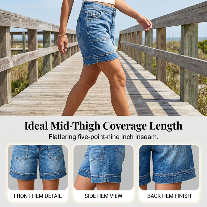 📢📢50% OFF !! ⏰Women's Mid-Rise Bermuda Denim Shorts with Pockets