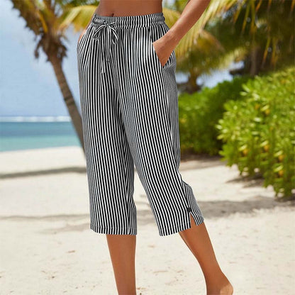 Women's Striped Cotton Linen Capri Pants with Pockets