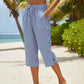 Women's Striped Cotton Linen Capri Pants with Pockets