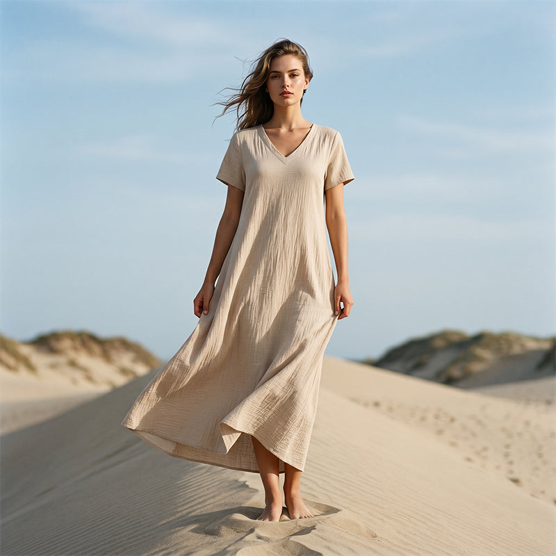 Women's Short Sleeve V-Neck Maxi Dress
