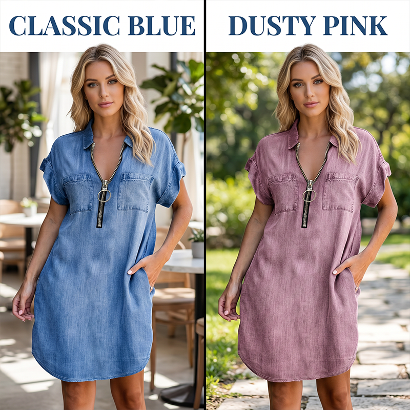 ⌛Limited-Time Offer⏰-Women's Loose-Fitting Collared Zipper Denim Dress with Pockets