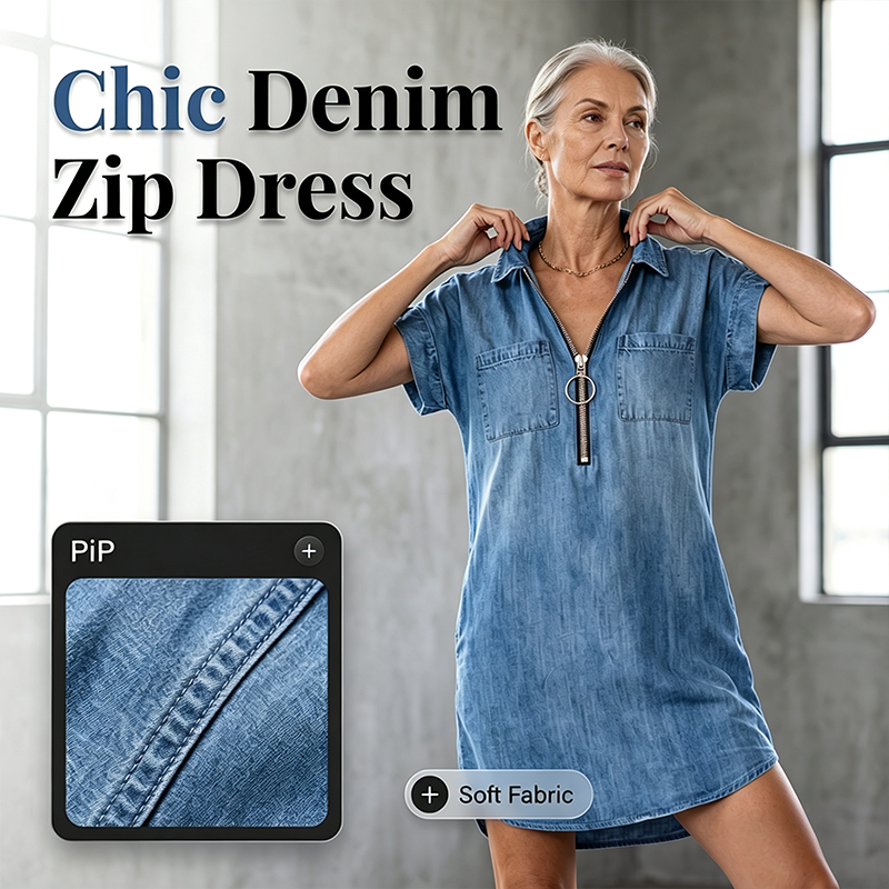 ⌛Limited-Time Offer⏰-Women's Loose-Fitting Collared Zipper Denim Dress with Pockets