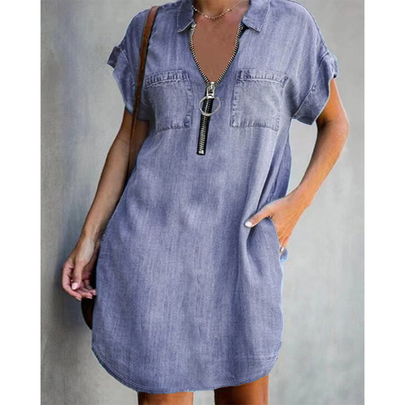 ⌛Limited-Time Offer⏰-Women's Loose-Fitting Collared Zipper Denim Dress with Pockets