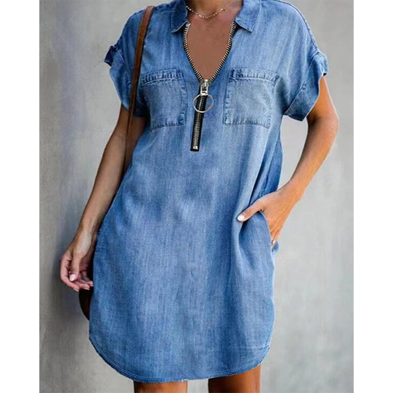 ⌛Limited-Time Offer⏰-Women's Loose-Fitting Collared Zipper Denim Dress with Pockets