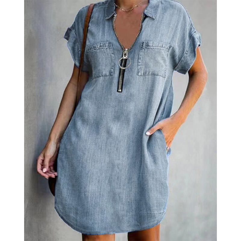 ⌛Limited-Time Offer⏰-Women's Loose-Fitting Collared Zipper Denim Dress with Pockets