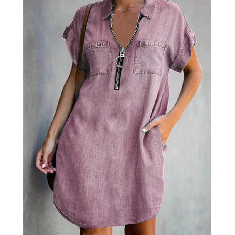 ⌛Limited-Time Offer⏰-Women's Loose-Fitting Collared Zipper Denim Dress with Pockets