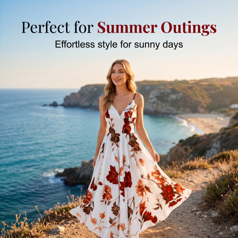 🎉 LIMITED TIME 50% OFF! 👗 Women's Printed Spaghetti Strap Maxi Dress – Floral Print & Adjustable Straps 🌸