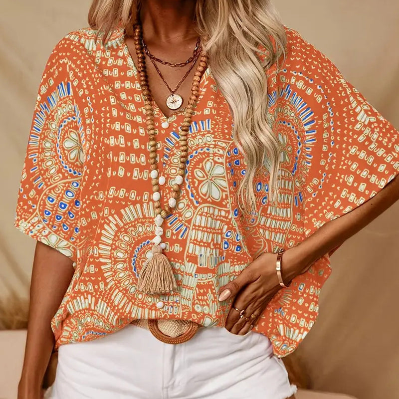 Women's Vacation Style Loose V-Neck Printed Top with Dolman Sleeves