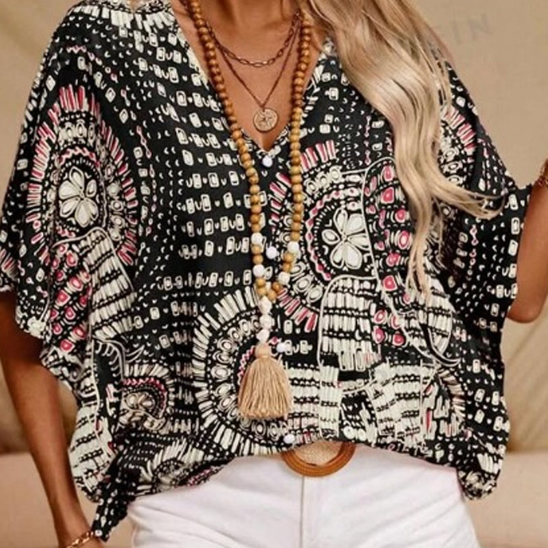 Women's Vacation Style Loose V-Neck Printed Top with Dolman Sleeves