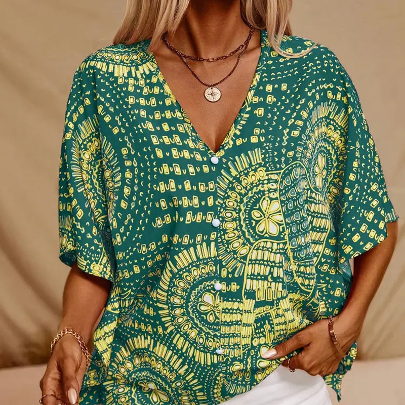 Women's Vacation Style Loose V-Neck Printed Top with Dolman Sleeves
