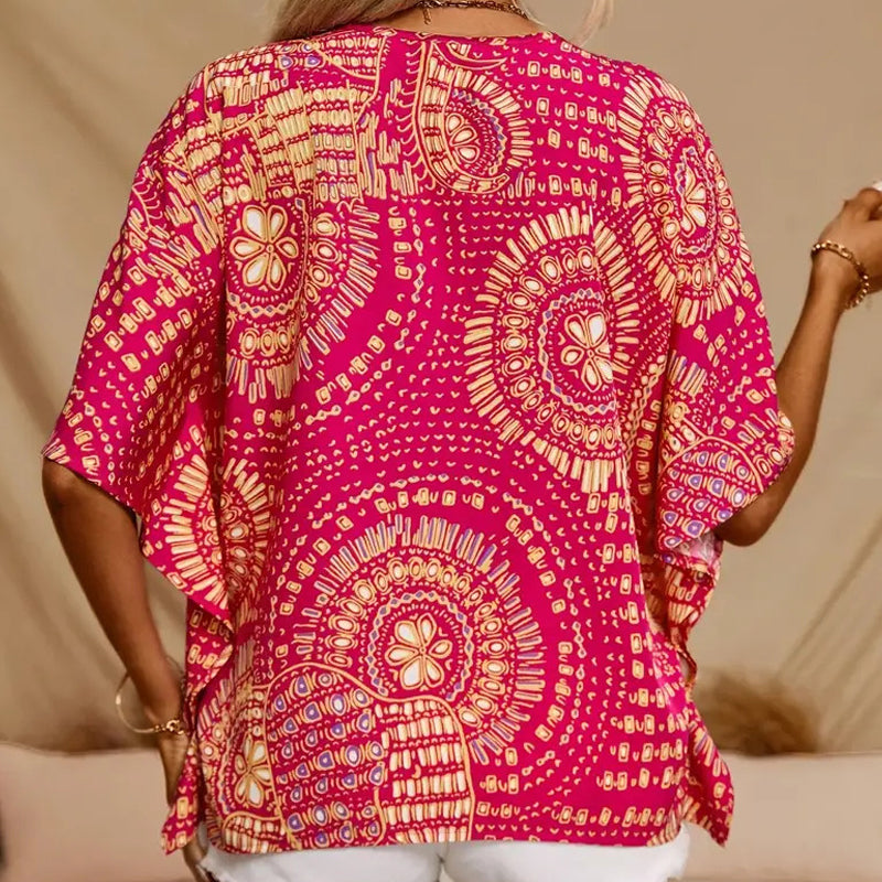 Women's Vacation Style Loose V-Neck Printed Top with Dolman Sleeves