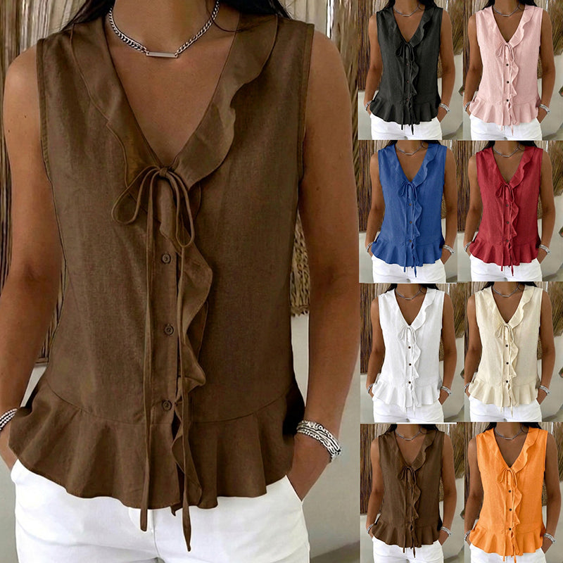 🌬️ Lightweight Ruffle Trim Top — Breezy Chiffon Fabric | V-Neck | Keeps You Cool on Warm Days