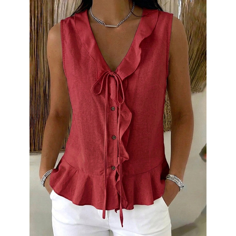 🌬️ Lightweight Ruffle Trim Top — Breezy Chiffon Fabric | V-Neck | Keeps You Cool on Warm Days