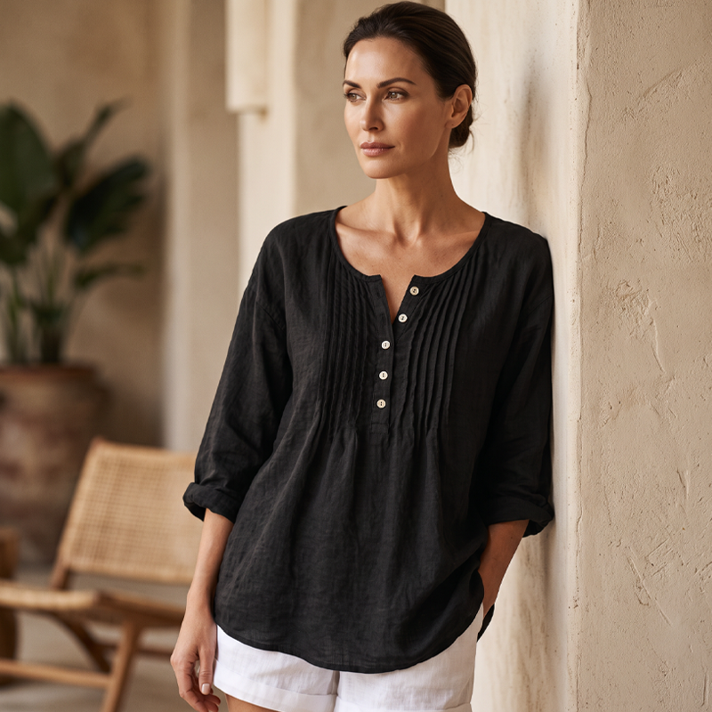 🔥👚2026 Summer Hot Sale– Only ￡12.99!!⚡️Women's Long Sleeve Pleated Henley Neck Blouse✨Soft Breathable Elegant Casual Pleated Top Daily Commute Outfit UK🇬🇧💐