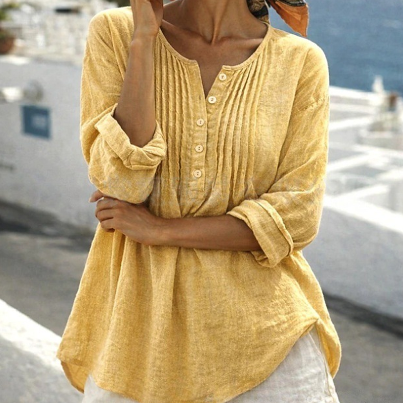 🔥👚2026 Summer Hot Sale– Only ￡12.99!!⚡️Women's Long Sleeve Pleated Henley Neck Blouse✨Soft Breathable Elegant Casual Pleated Top Daily Commute Outfit UK🇬🇧💐