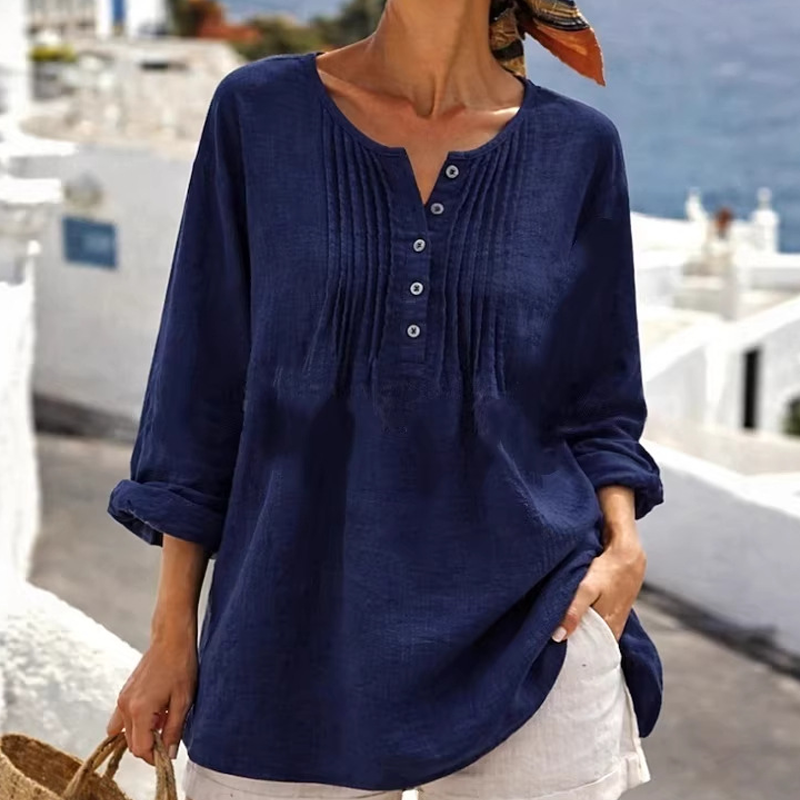 🔥👚2026 Summer Hot Sale– Only ￡12.99!!⚡️Women's Long Sleeve Pleated Henley Neck Blouse✨Soft Breathable Elegant Casual Pleated Top Daily Commute Outfit UK🇬🇧💐