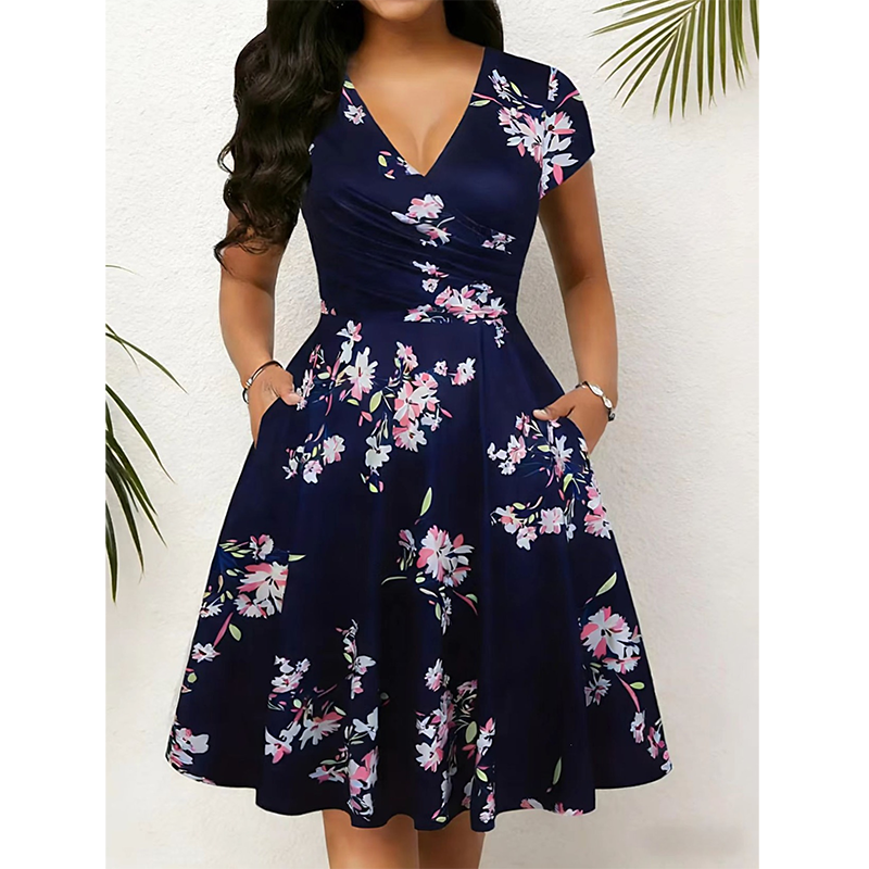 Women's Elegant Printed Dress with Pockets
