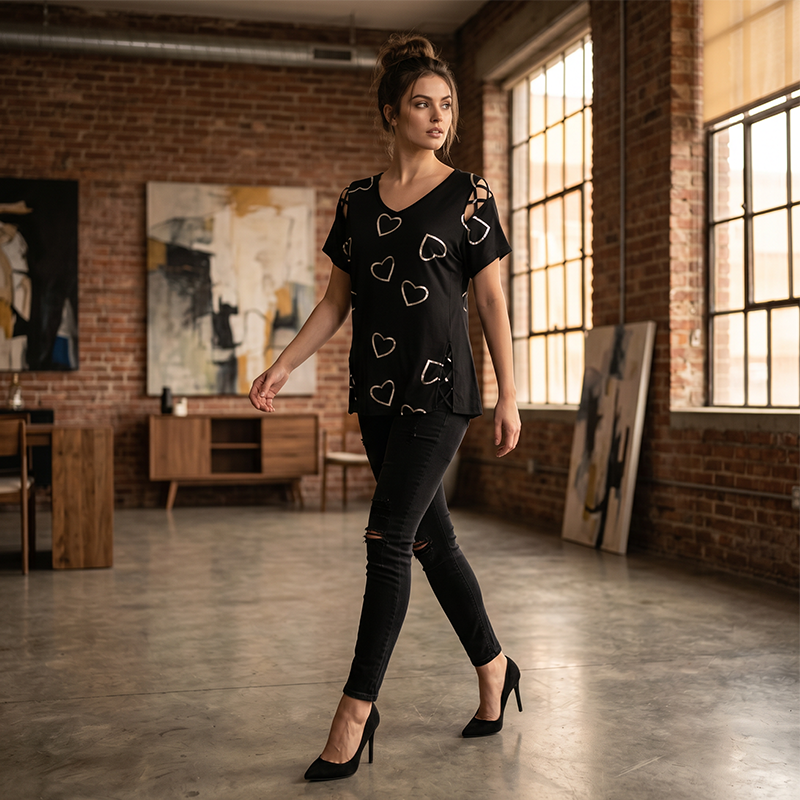 📢📢40% OFF !! ⏰Women’s Heart Print V-Neck Top