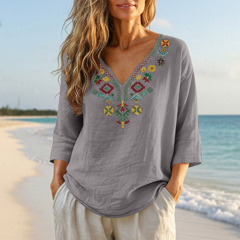 🌿Cotton And Linen Vintage Floral Embroidery V-Neck Top