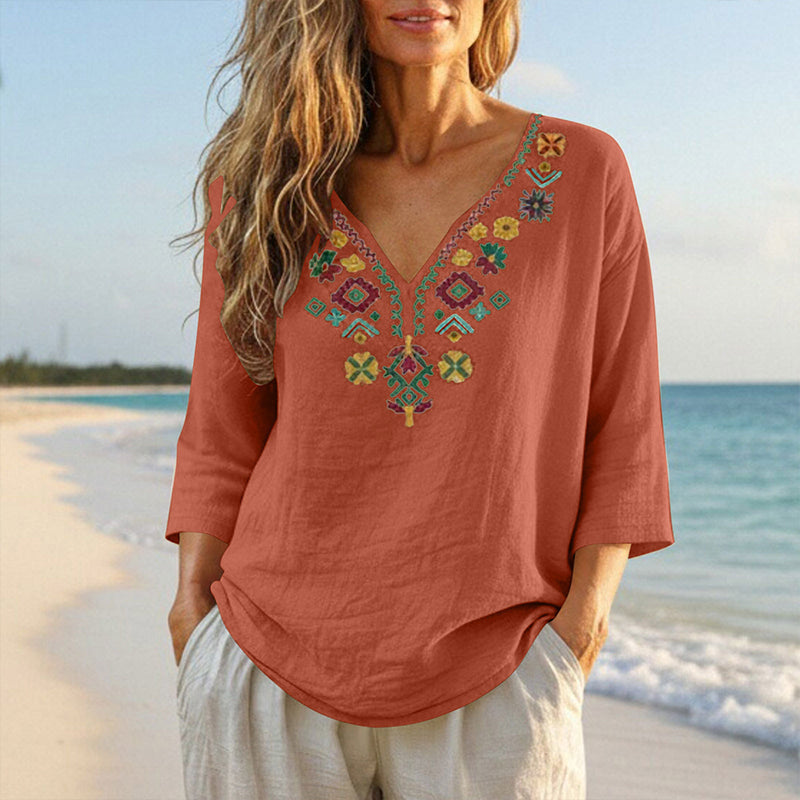 🌿Cotton And Linen Vintage Floral Embroidery V-Neck Top