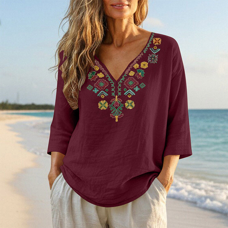 🌿Cotton And Linen Vintage Floral Embroidery V-Neck Top