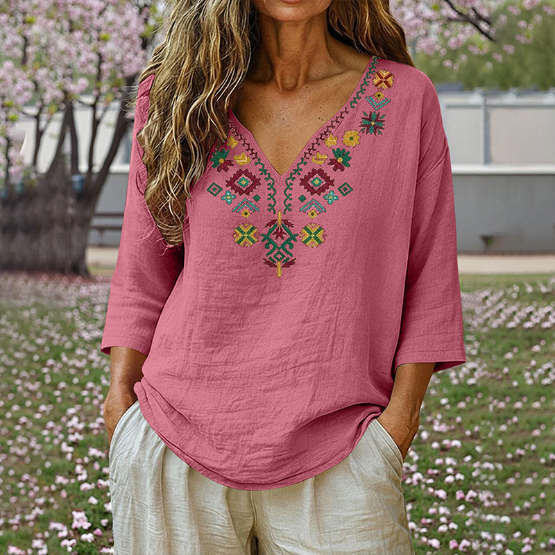 🌿Cotton And Linen Vintage Floral Embroidery V-Neck Top