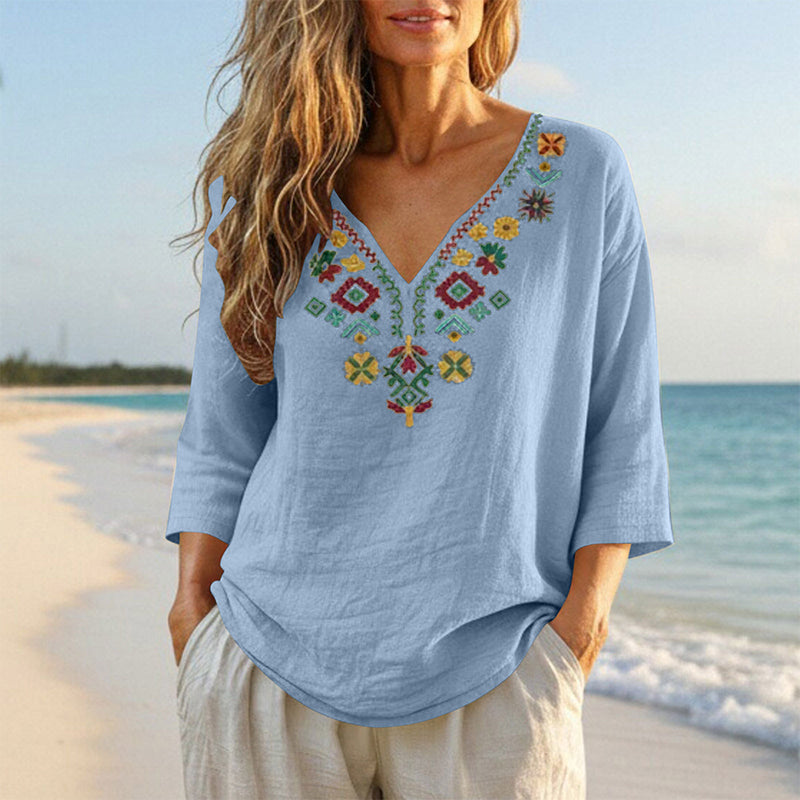 🌿Cotton And Linen Vintage Floral Embroidery V-Neck Top