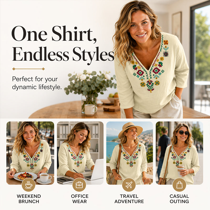 🌿Cotton And Linen Vintage Floral Embroidery V-Neck Top