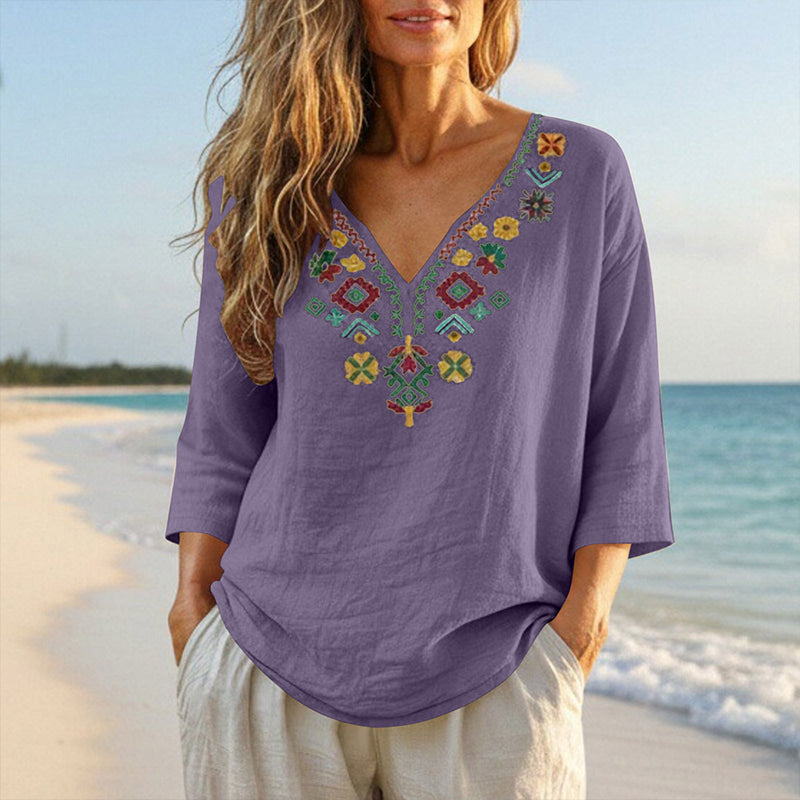 🌿Cotton And Linen Vintage Floral Embroidery V-Neck Top