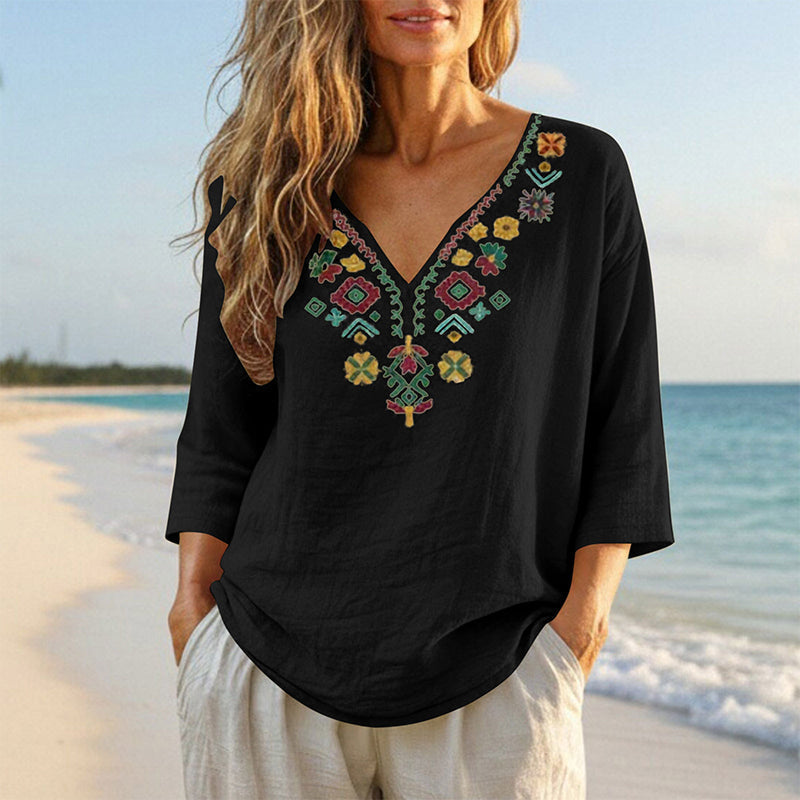 🌿Cotton And Linen Vintage Floral Embroidery V-Neck Top