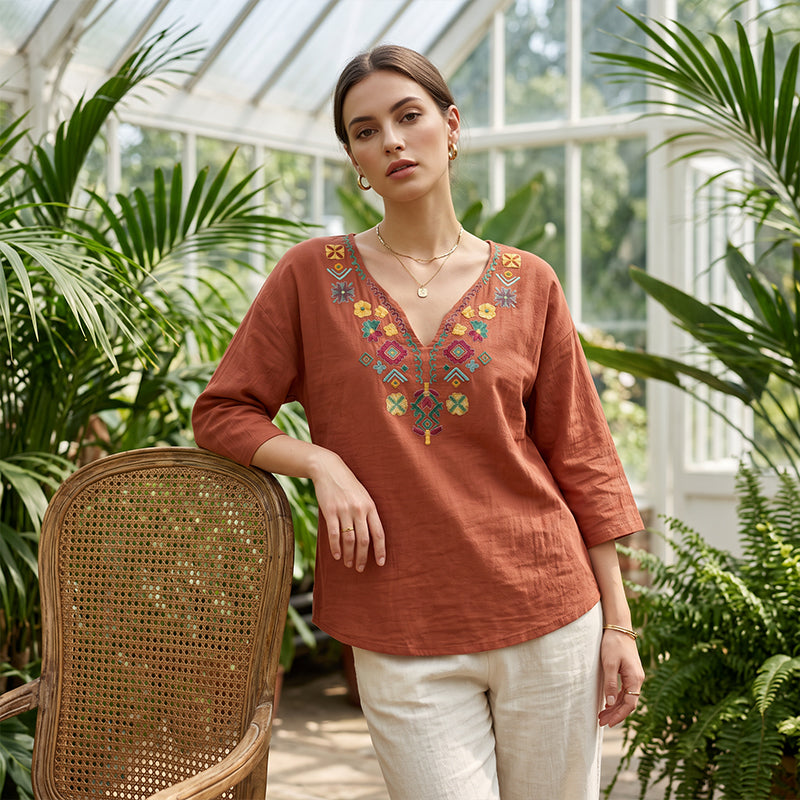 🌿Cotton And Linen Vintage Floral Embroidery V-Neck Top