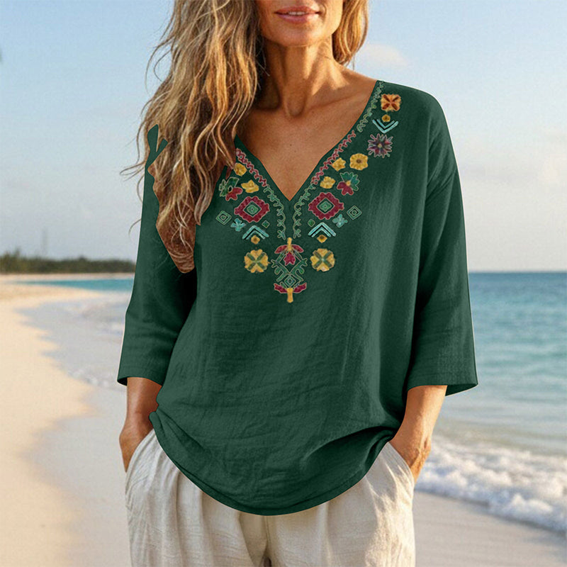 🌿Cotton And Linen Vintage Floral Embroidery V-Neck Top