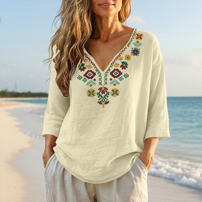 🌿Cotton And Linen Vintage Floral Embroidery V-Neck Top
