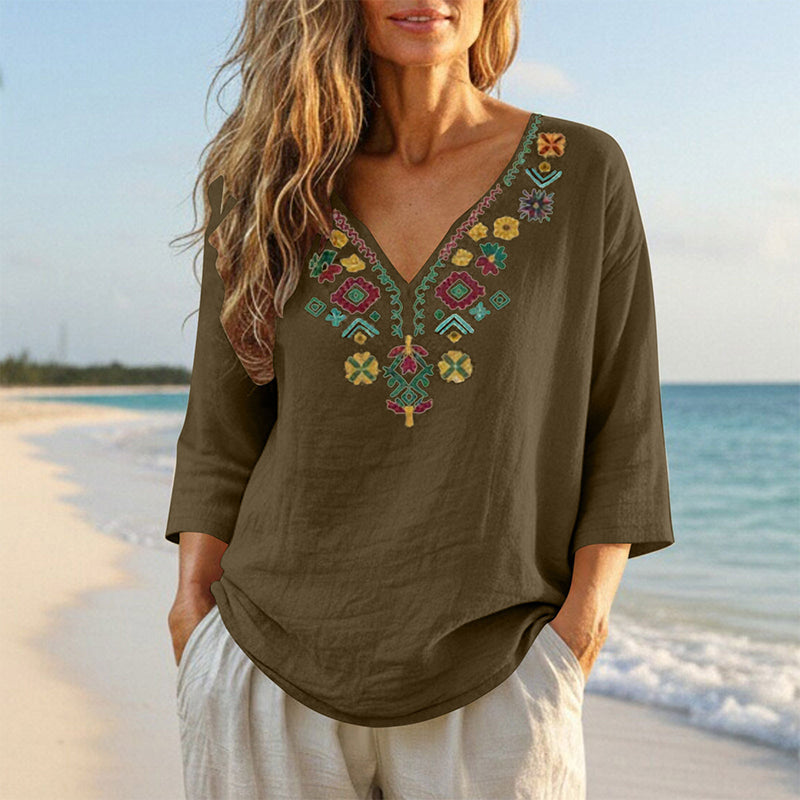 🌿Cotton And Linen Vintage Floral Embroidery V-Neck Top