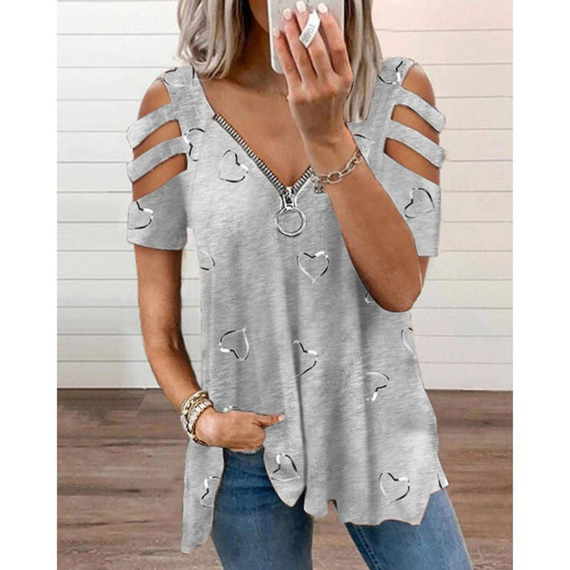 Heart Print V-Neck Zip T-Shirt