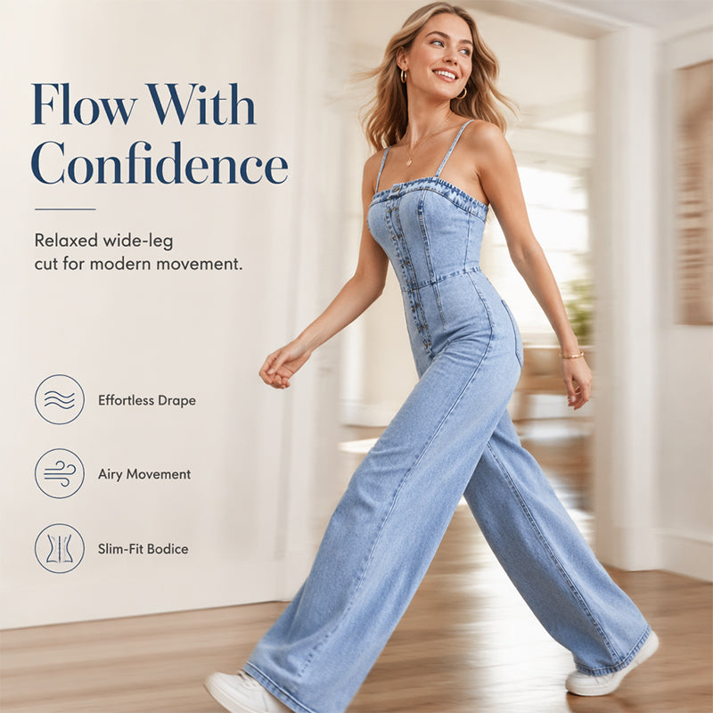 🚀Free delivery🚀Women Spaghetti Strap Wide Leg Denim Jumpsuit