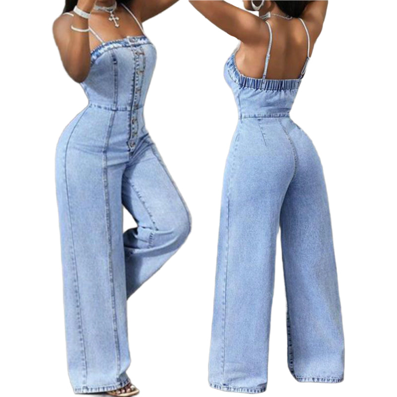 🚀Free delivery🚀Women Spaghetti Strap Wide Leg Denim Jumpsuit