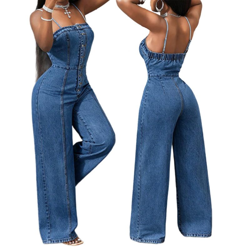 🚀Free delivery🚀Women Spaghetti Strap Wide Leg Denim Jumpsuit