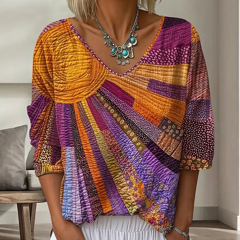 ✨Women's Retro Patchwork V-Neck Blouse – Artistic Style & Effortless Everyday Elegance 🌸