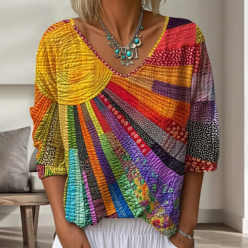 ✨Women's Retro Patchwork V-Neck Blouse – Artistic Style & Effortless Everyday Elegance 🌸