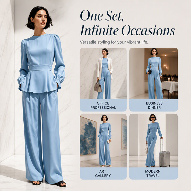 ✨New Arrivals & Special Offers-Women's Elegant Puff Sleeve Top & Wide-Leg Pants Set